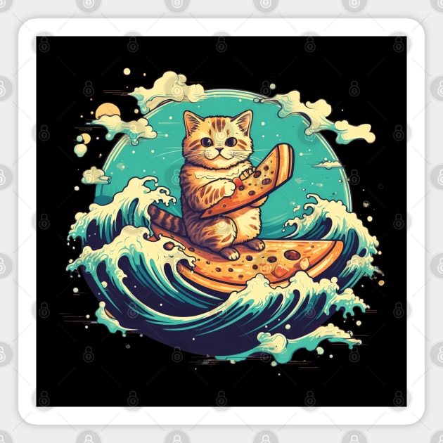 Cat Surfing on Pizza Slice Magnet by origato
